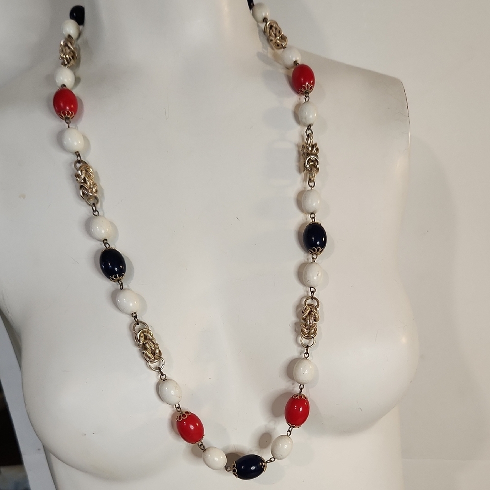 Red, White, and Blue Necklace with Gold Accents | Hong Kong | 30"